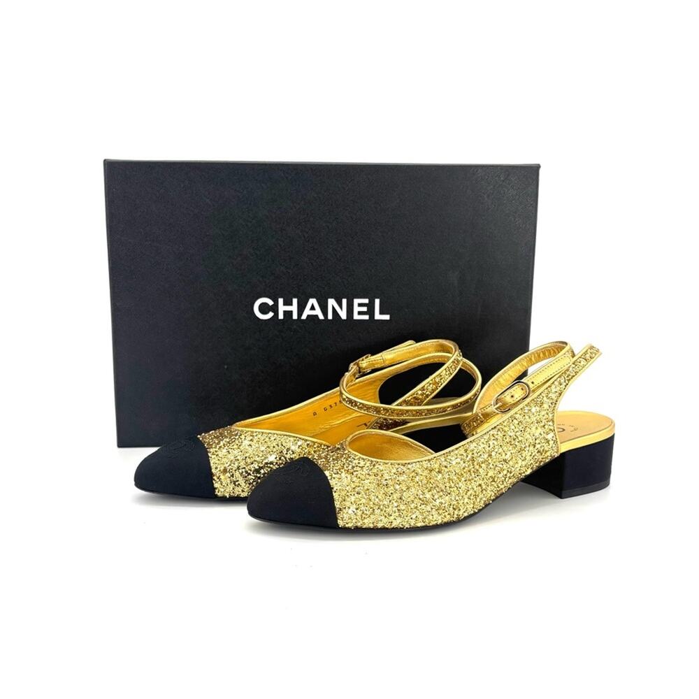 Chanel CC Logo Glitter and Grosgrain Cap Toe Slingback Platform Heel Pumps 37 - Picture 2 of 10